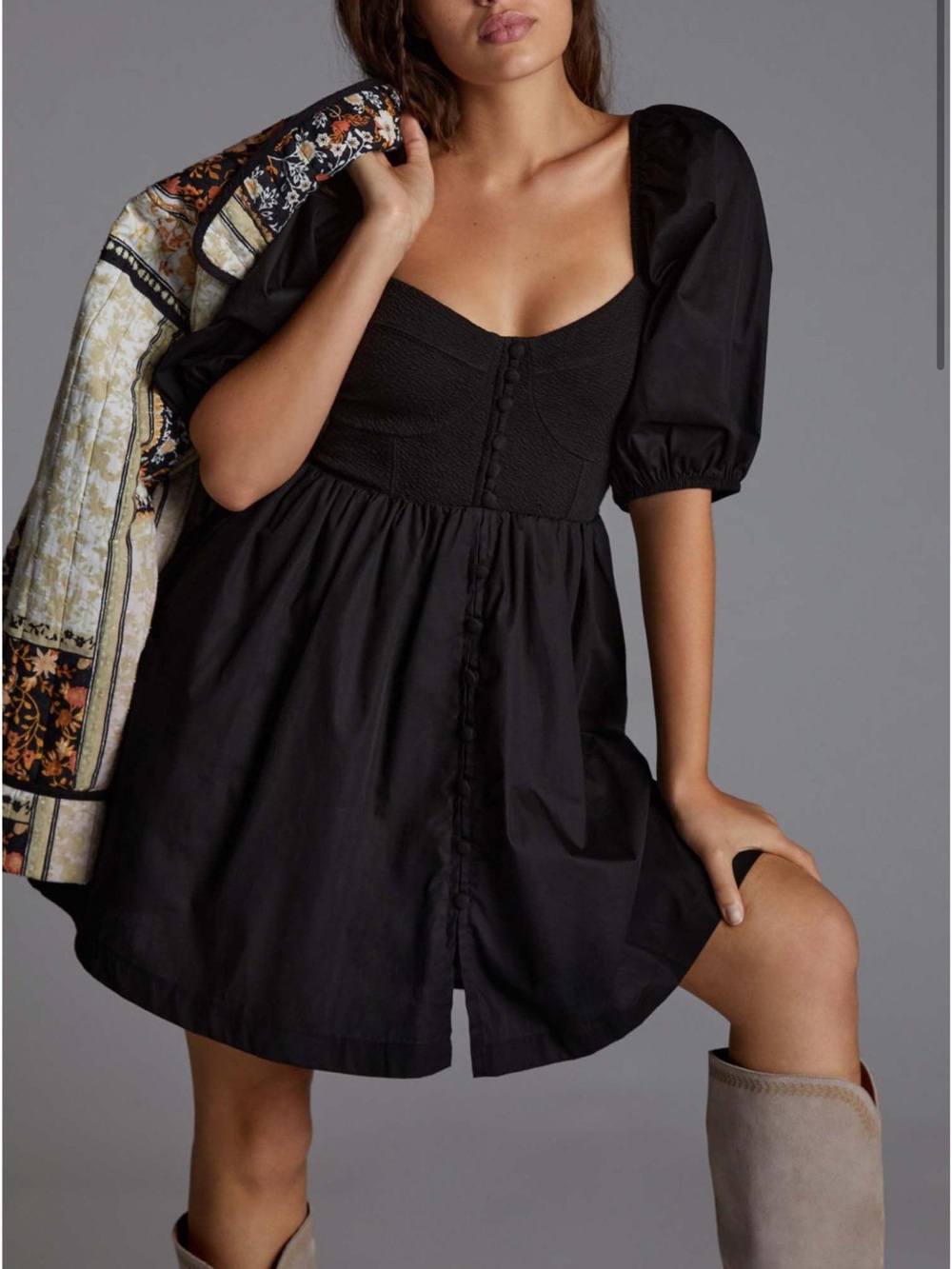 Maeve by Anthropologie Puff Sleeve Mini Dress Corset Black Medium